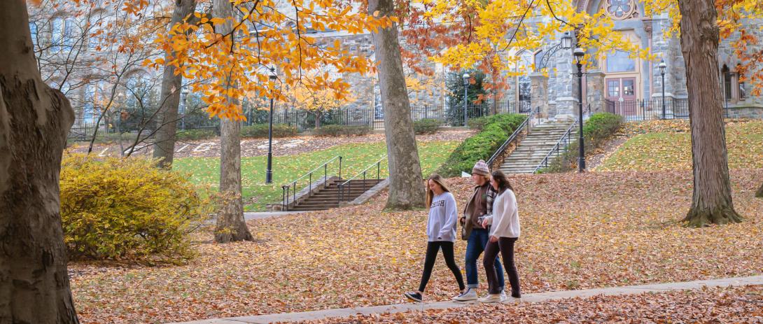 Lehigh students walking in the fall